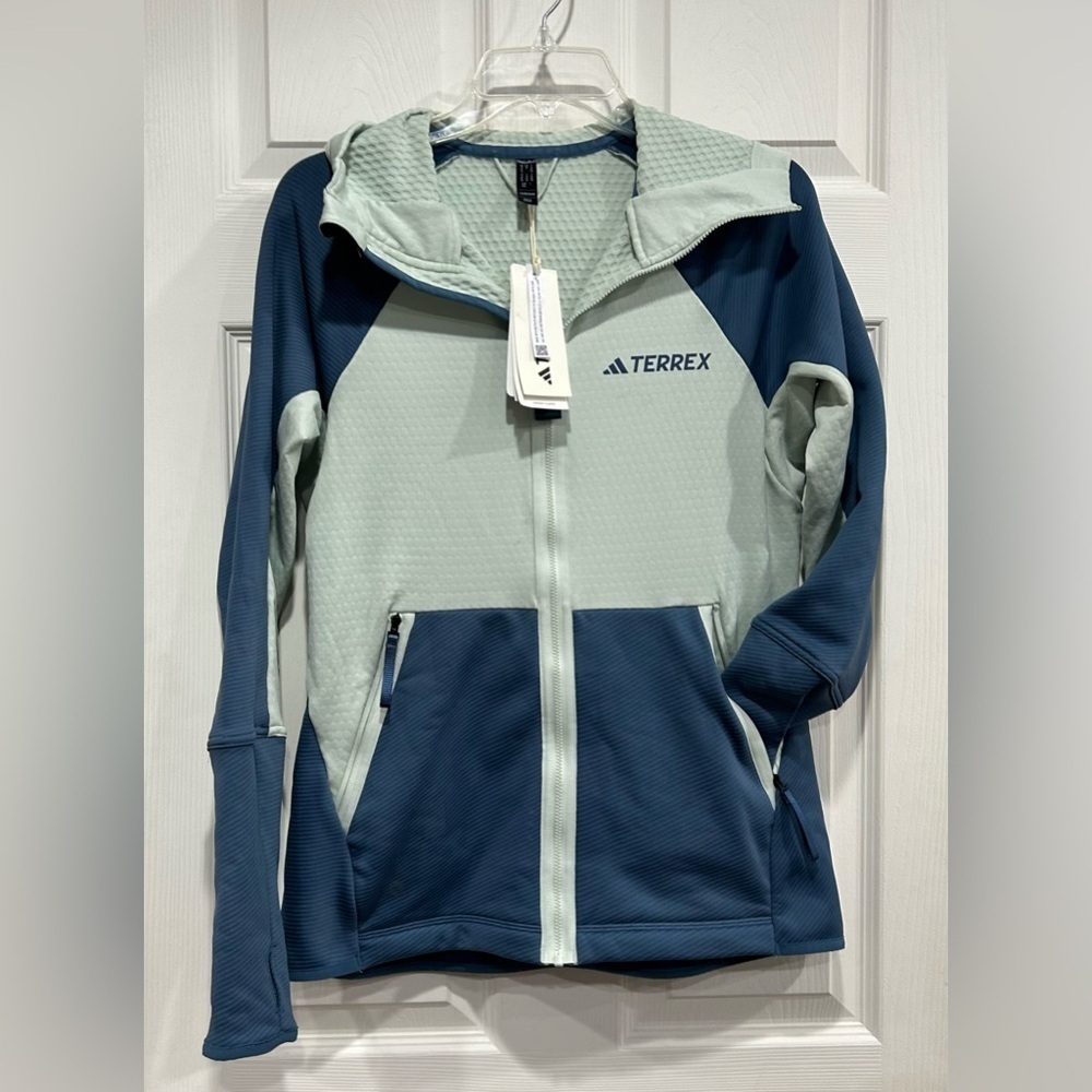 adidas Women's M Medium Terrex Tech Fleece Hooded Jacket NWT Blue Light Green